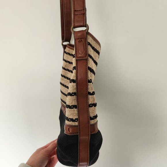 Lucky Brand Purse Tan Brown Natural Linen Faux Leather Bucket Hobo Crossbody Bag - Picture 8 of 13